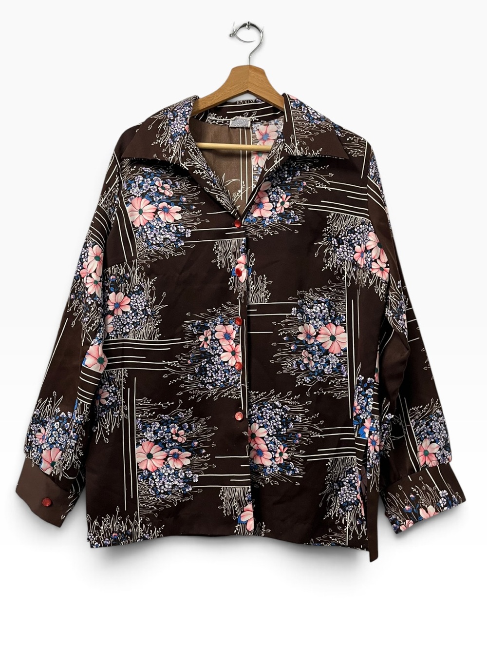 Vintage 70s Pykettes Disco Floral Shirt Women’s XL Brown Butterfly Collar Blouse